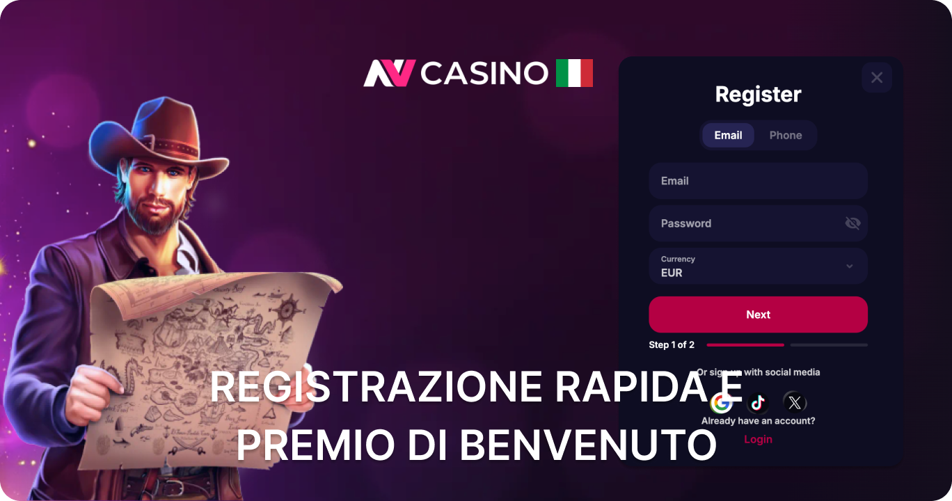 Un giocatore italiano che si registra e richiede il bonus di benvenuto di 500 € sulla piattaforma sicura di NV Casino Italia.